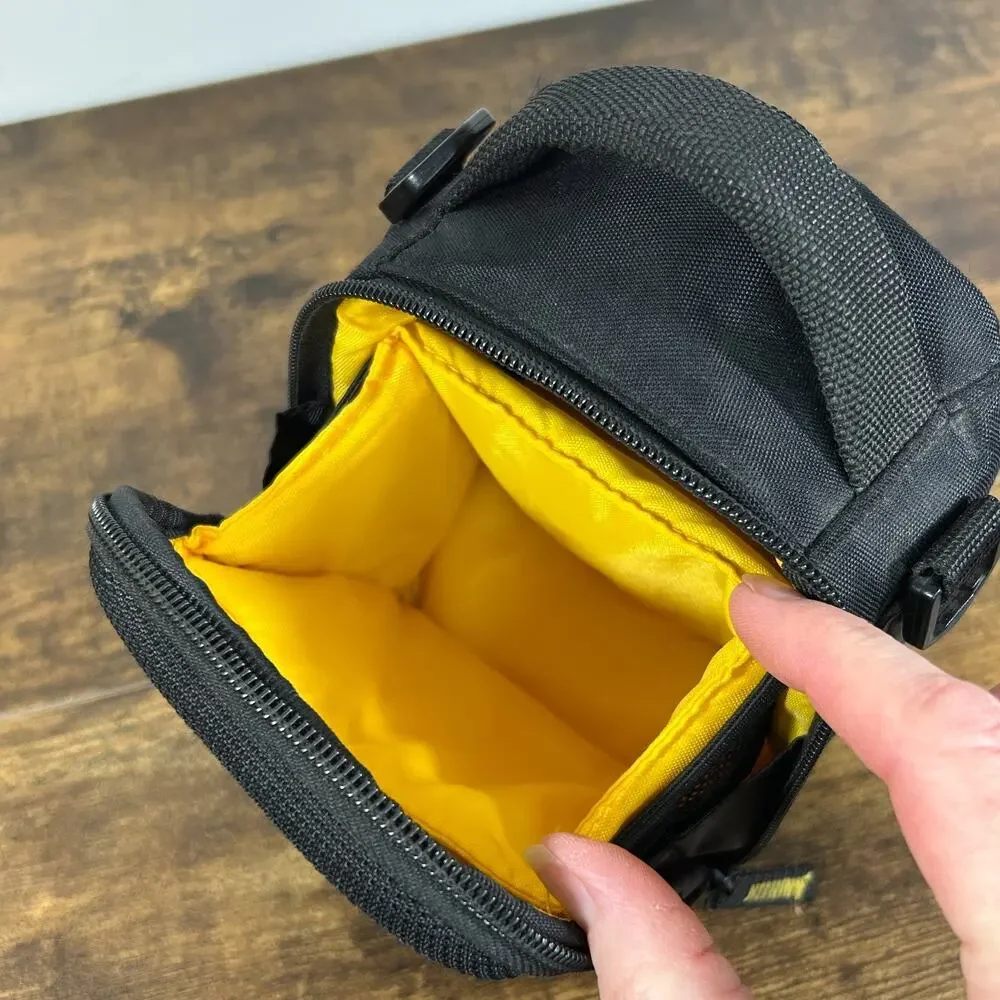Case Logic Small Camera Bag 6” x 5” x 3” Black Yellow Belt carry Tilt Open